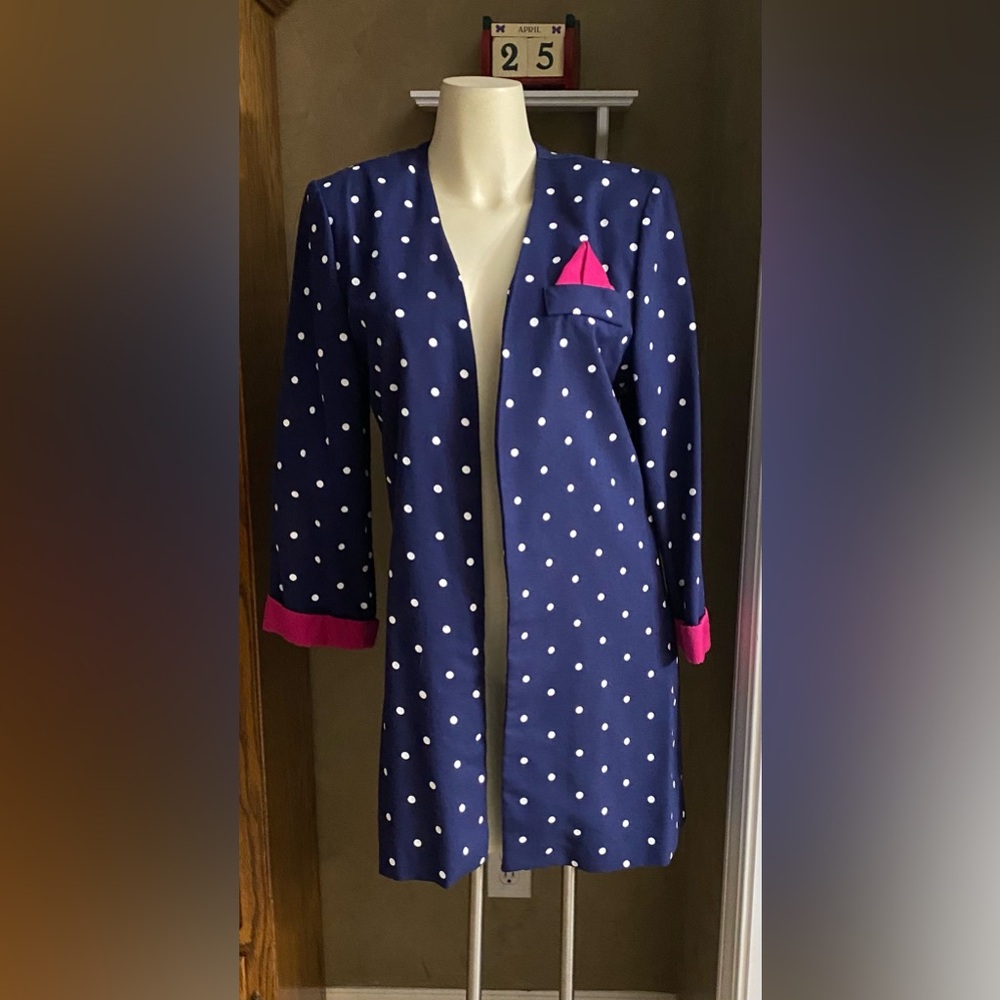 Just In Thyme LTD Open Front Blazer 80s Blue Pink & White Polka Dot Women size 8